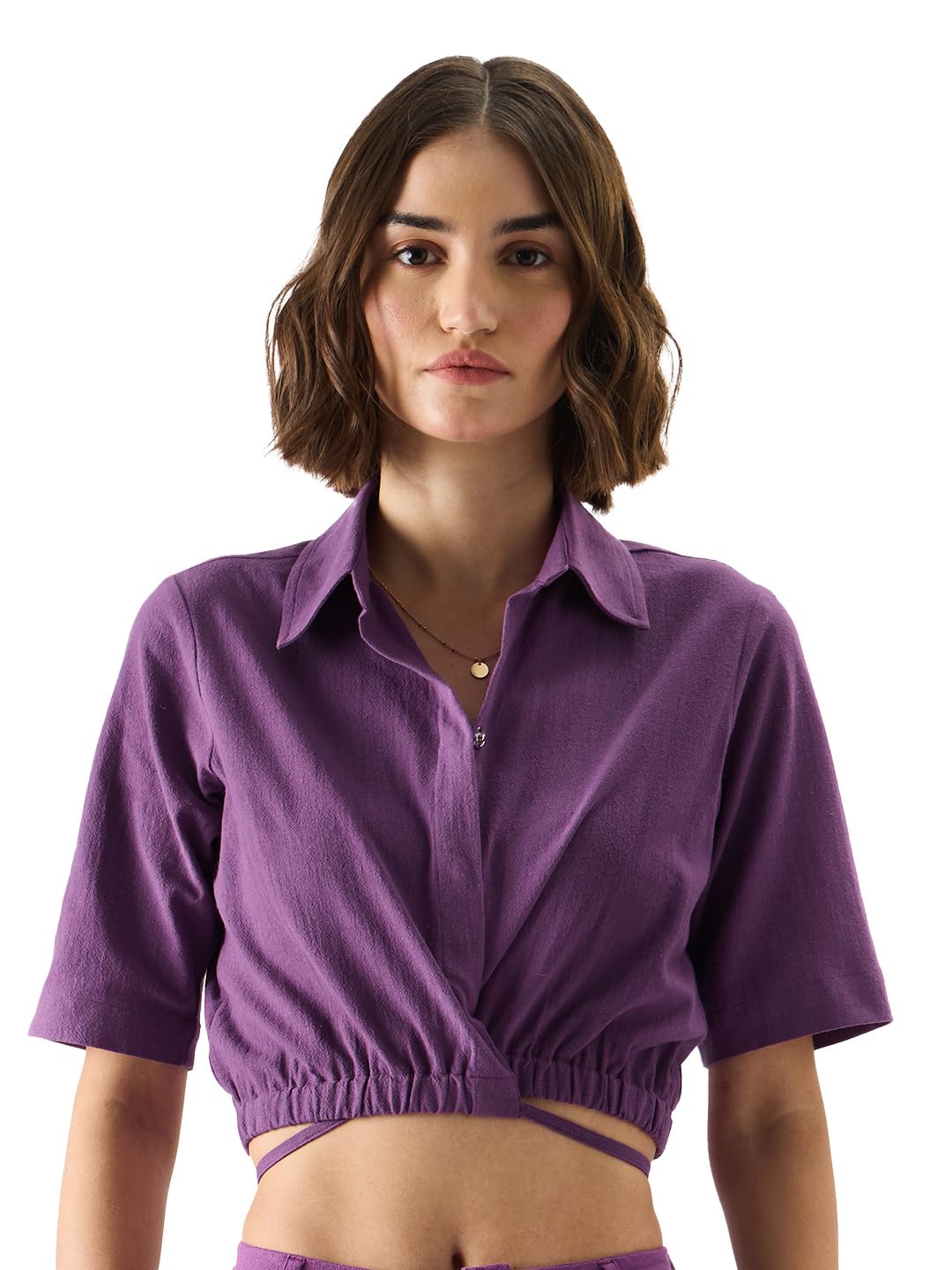 The Souled Store Solids: Plum Women and Girls Short Sleeve Button Down Cropped Shirts