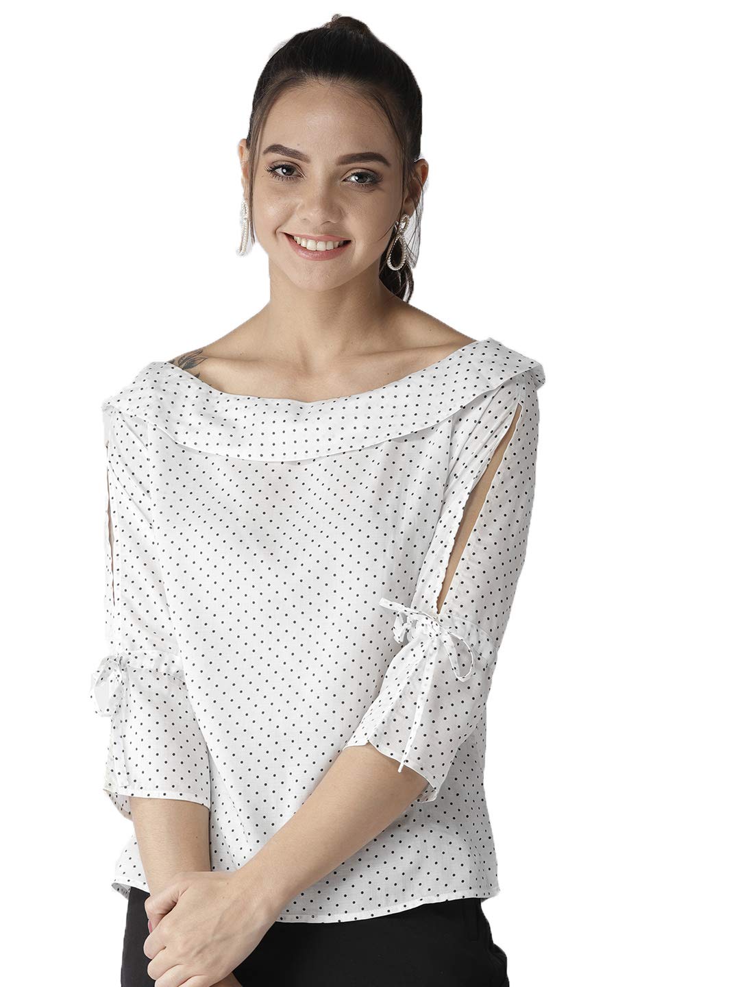 Style Quotient Women White and Black Polka Printed polycrepe Smart Casual top