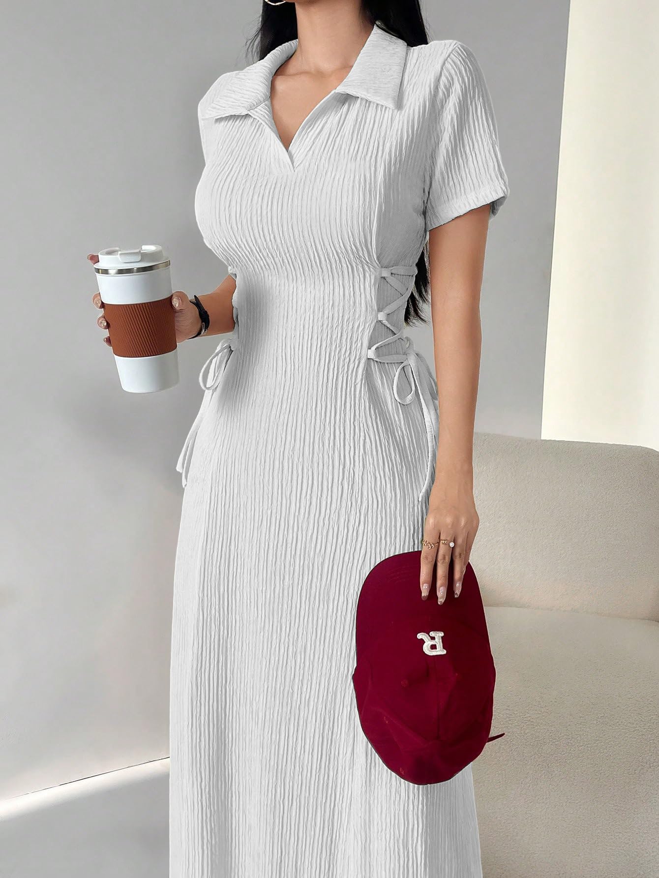 Shasmi Womens White Solid Color Applique Lace-Up Collared Short Sleeve, Side-Tie Waist Long Casual Maxi Women Dress Outfit Long