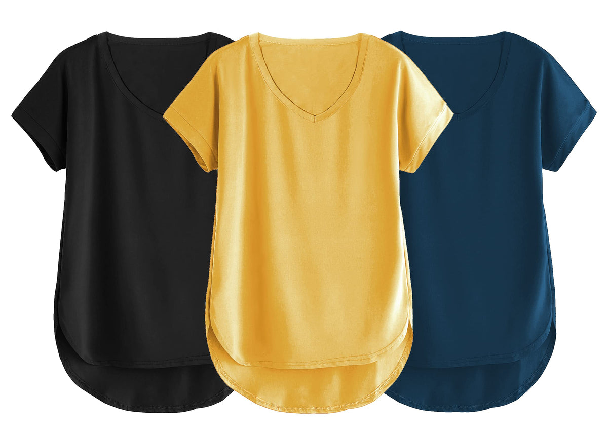 Fabricorn Combo Of Three Plain Black, Mustard Yellow And Airforce Blue V-Neck Up And Down Cotton Tshirt For Women (Black, Mustar