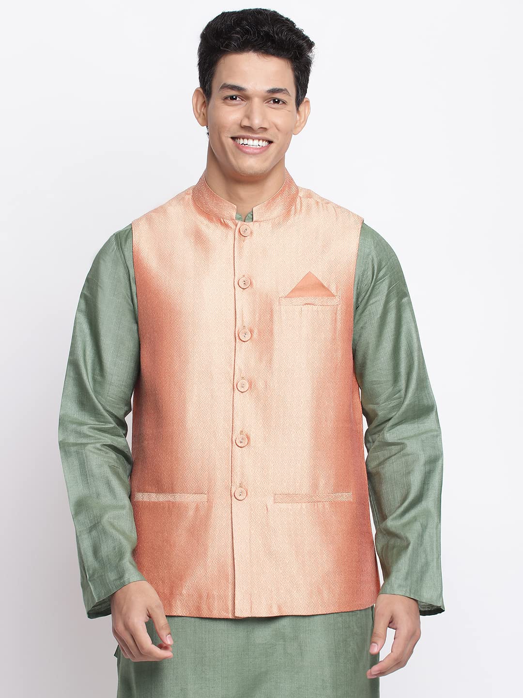 Fabindia Men Viscose Silk Woven Nehru Jacket Gold_S