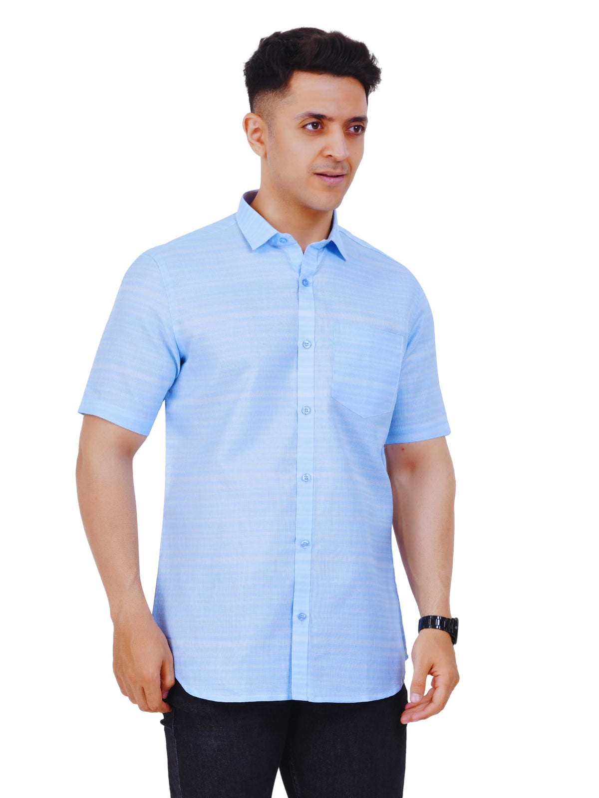 PRAKASAM COTTON Mens Self Design Cotton Half Sleeve Shirt for Mens/Formal Linen Cotton Shirt for Mens/Regular Fit Cotton Shirt f