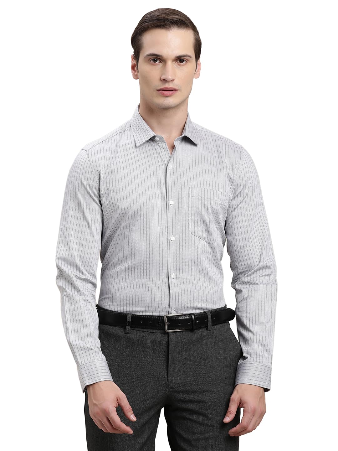 Turtle Men Grey Slim Fit Stripes Pure Cotton Formal Shirt