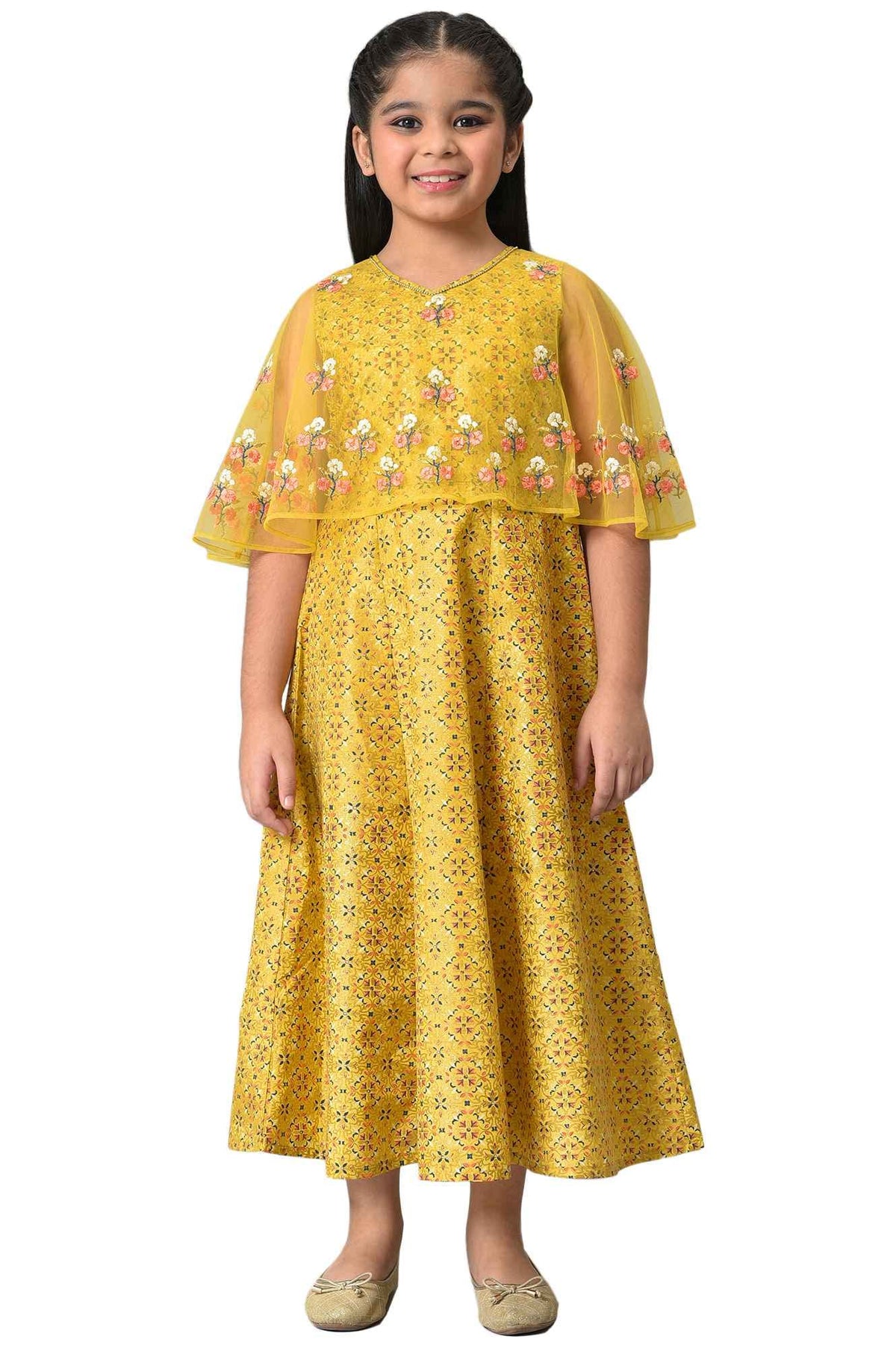 Girls Yellow Dress With Net Layered Cape