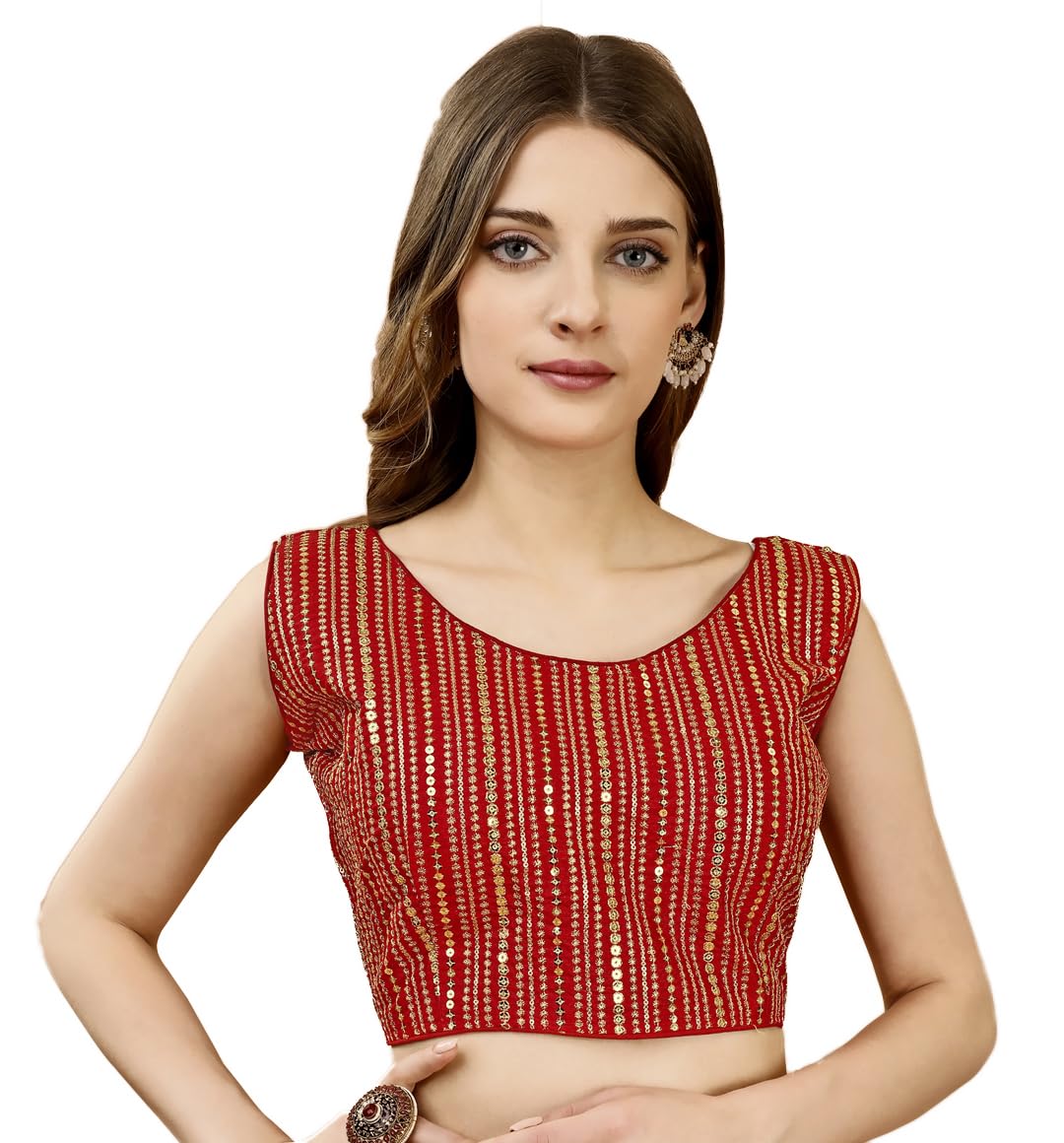 Pujia Mills WomenS Sequin Embroidered U Neck Sleeveless Readymade Saree Blouse Indian Ethnic Designer Stitched WomenS Red Blou