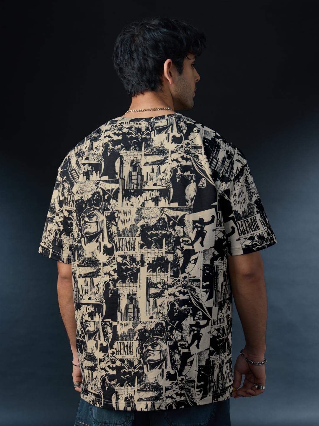 The Souled Store Batman: Gotham City Men and Boys Half Sleeves Round Neck Graphic Printed Cotton Lightweight All-Season Oversize