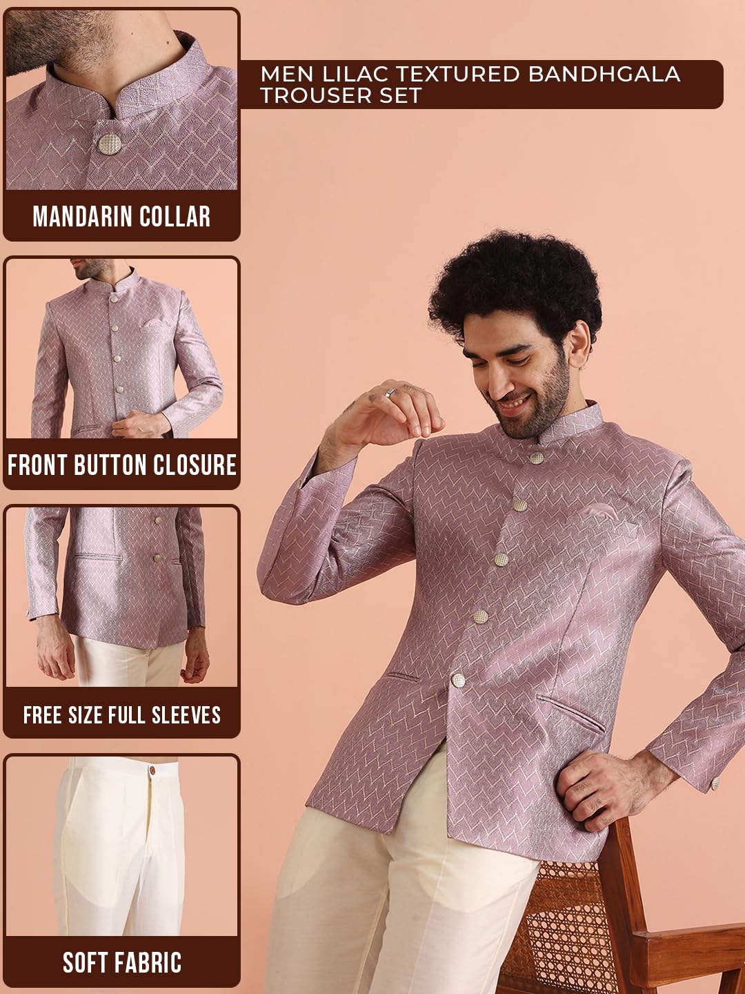 Kisah MenS Bandhgala & Trouser Set Textured Silk Blend Jacquard Ethnic Suit For Men Regular Fit Wedding & Festivals Dry Clean