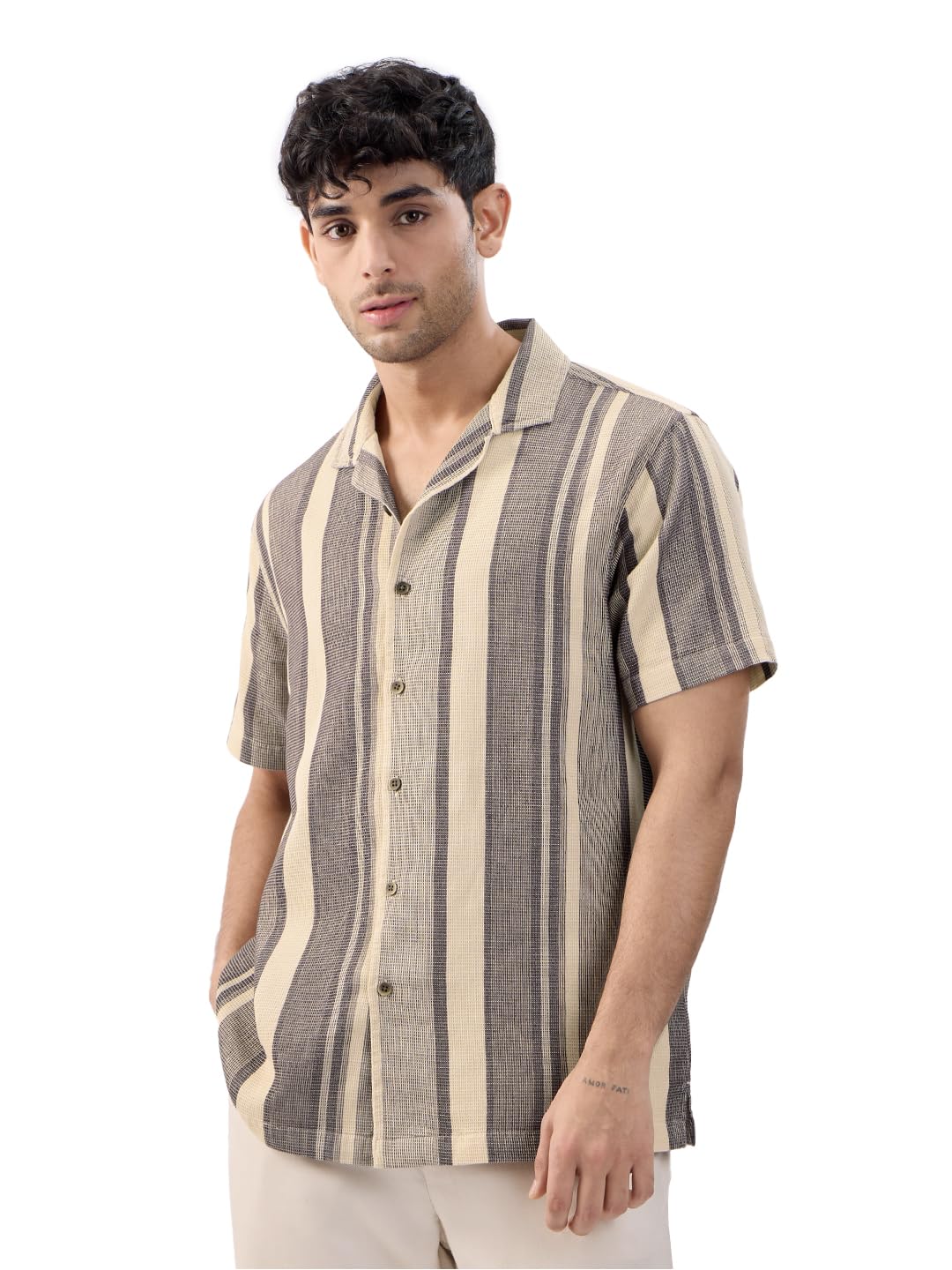 The Souled Store Macaroon Men and Boys Short Sleeves Collared Neck Button Front Multicolor Striped Cotton Textured Shirts