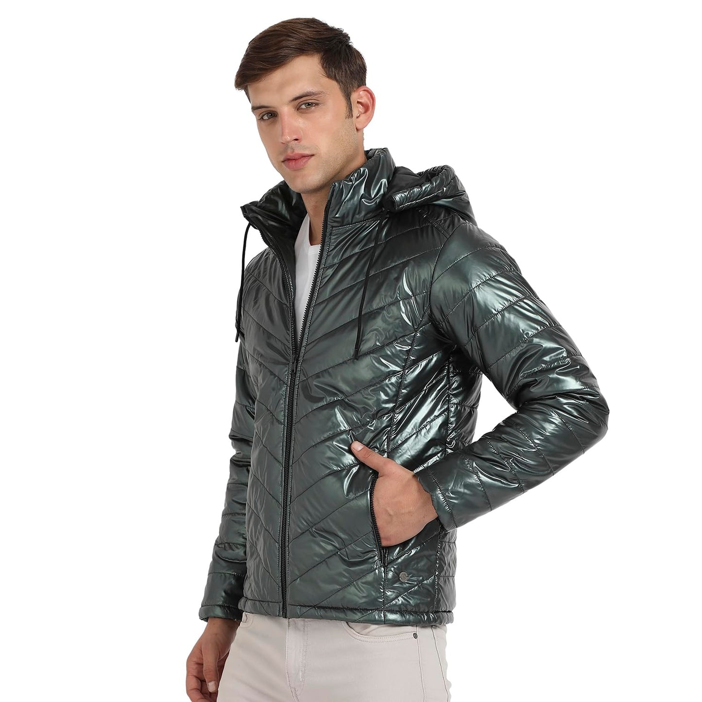Campus Sutra Mens Forest Green Zip-Front Quilted Puffer Jacket For Casual Wear | Hooded Neck | Long Sleeve | Zipper Closure | P