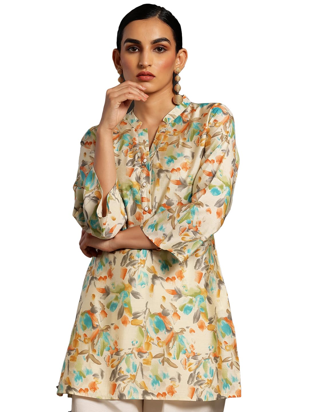 Libas WomenS Silk Blend Printed Straight Kurtis (37082_Beige