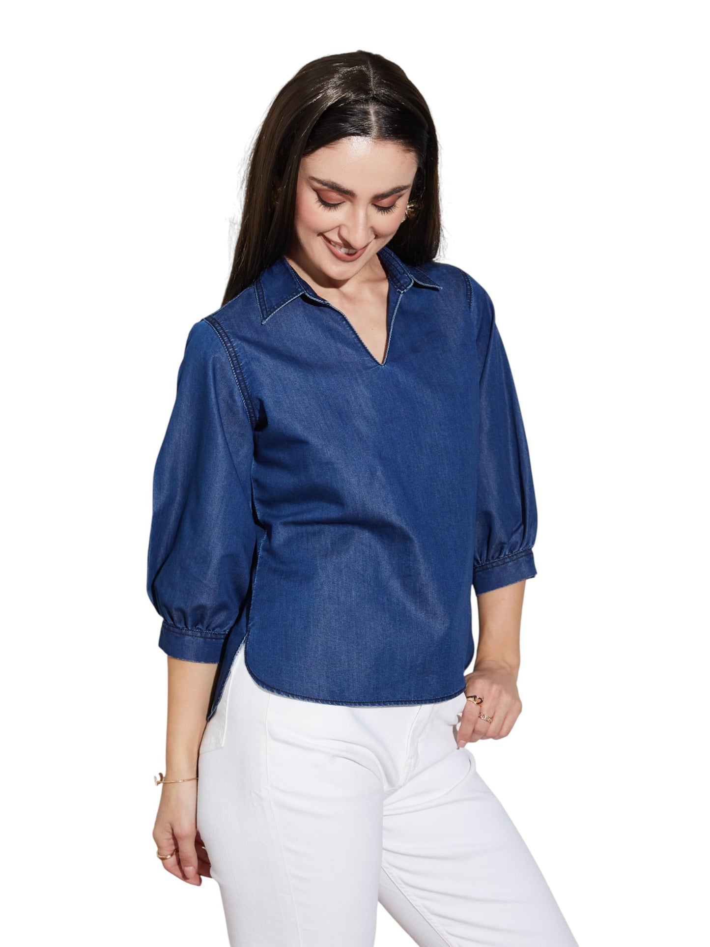 Miss Chase Womens V Neck Elasticated Straps Sleeve Waistcoat-Styled Cropped Denim Top (Mcaw25Den61-37-504-05, Capri Blue, L)