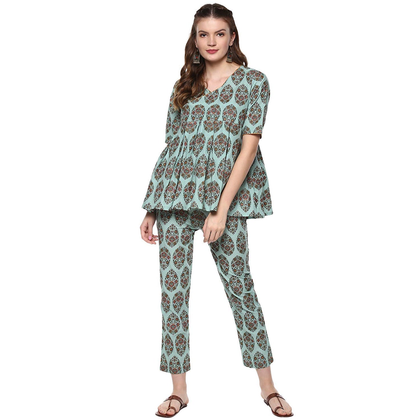 idaLia Women's Multicolour Printed Short Cotton Kurta Set