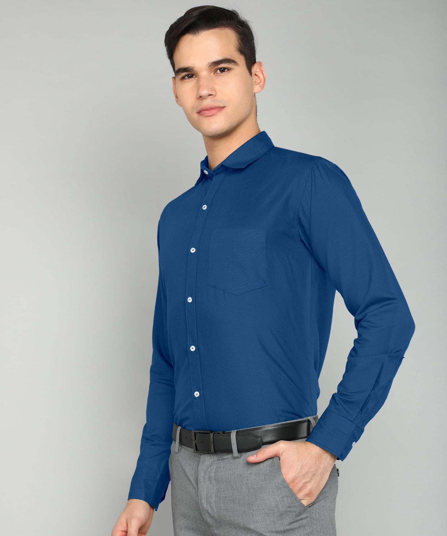 Mildin MenS Regular Cotton Blend Blue Slim Fit Solid Button Down Spread Collar Full Sleeve Curved Hemline Formal Shirt With One