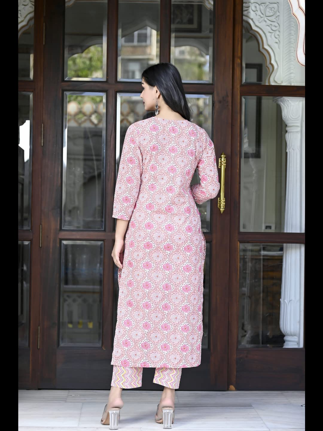 GoSriKi Women's Cotton Blend Printed Straight Kurta with Pant (Achu Pink-CMD-GS)