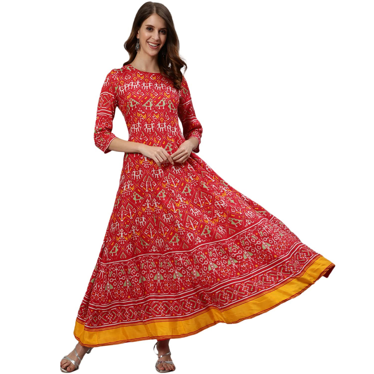 Ishin WomenS Red Patola Panelled Anarkali Kurta
