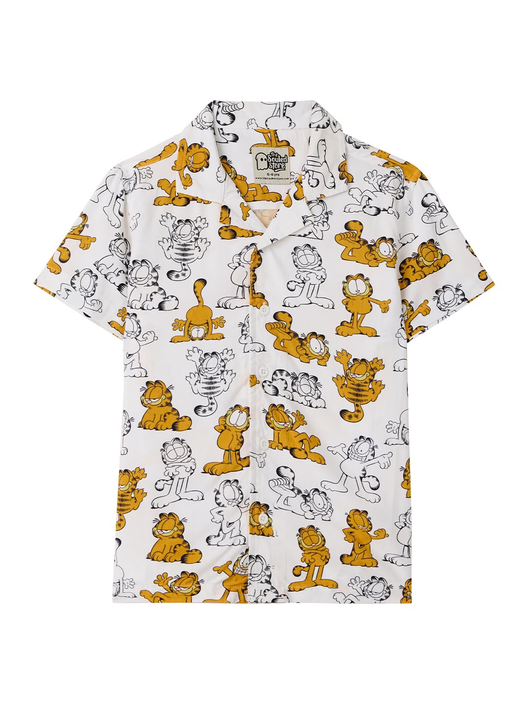 The Souled Store Garfield: Lazy Vibes Boys Short Sleeves Collared Neck Button Front White All Over Printed Rayon Regular Fit Shi