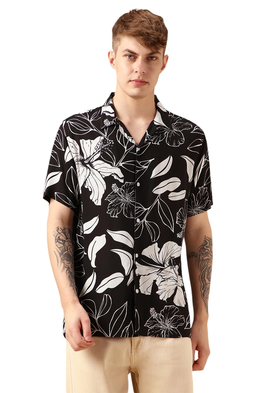 Dennis Lingo Men Black Rayon Half Sleeve Cuban Collar Printed Shirts_Dlmshsp24001