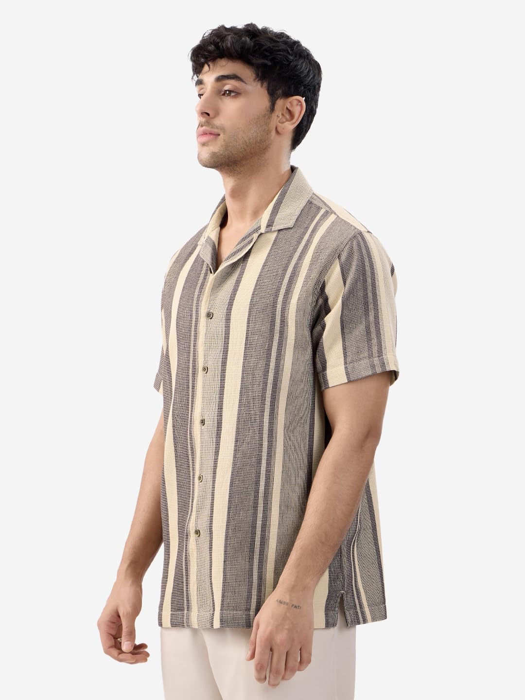The Souled Store Macaroon Men and Boys Short Sleeves Collared Neck Button Front Multicolor Striped Cotton Textured Shirts