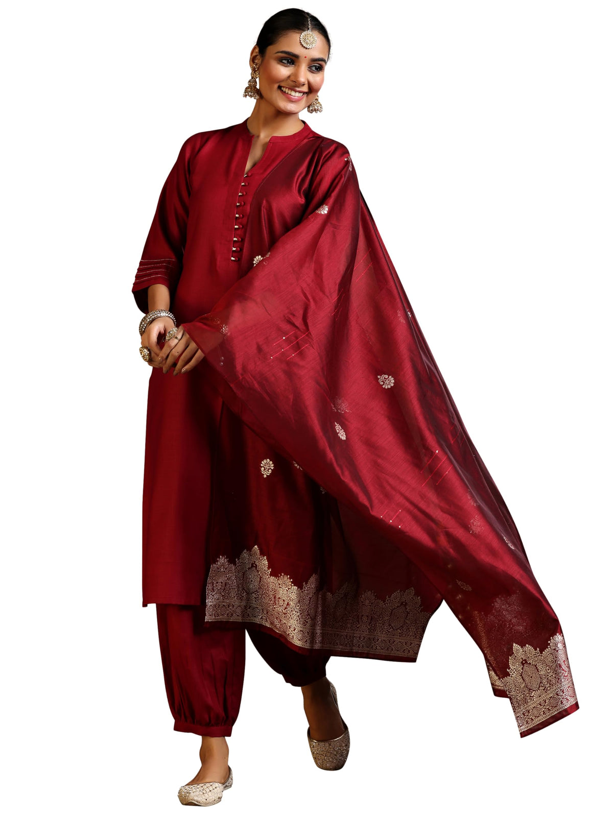 Libas WomenS Silk Blend Kurta Set (39046_Maroon