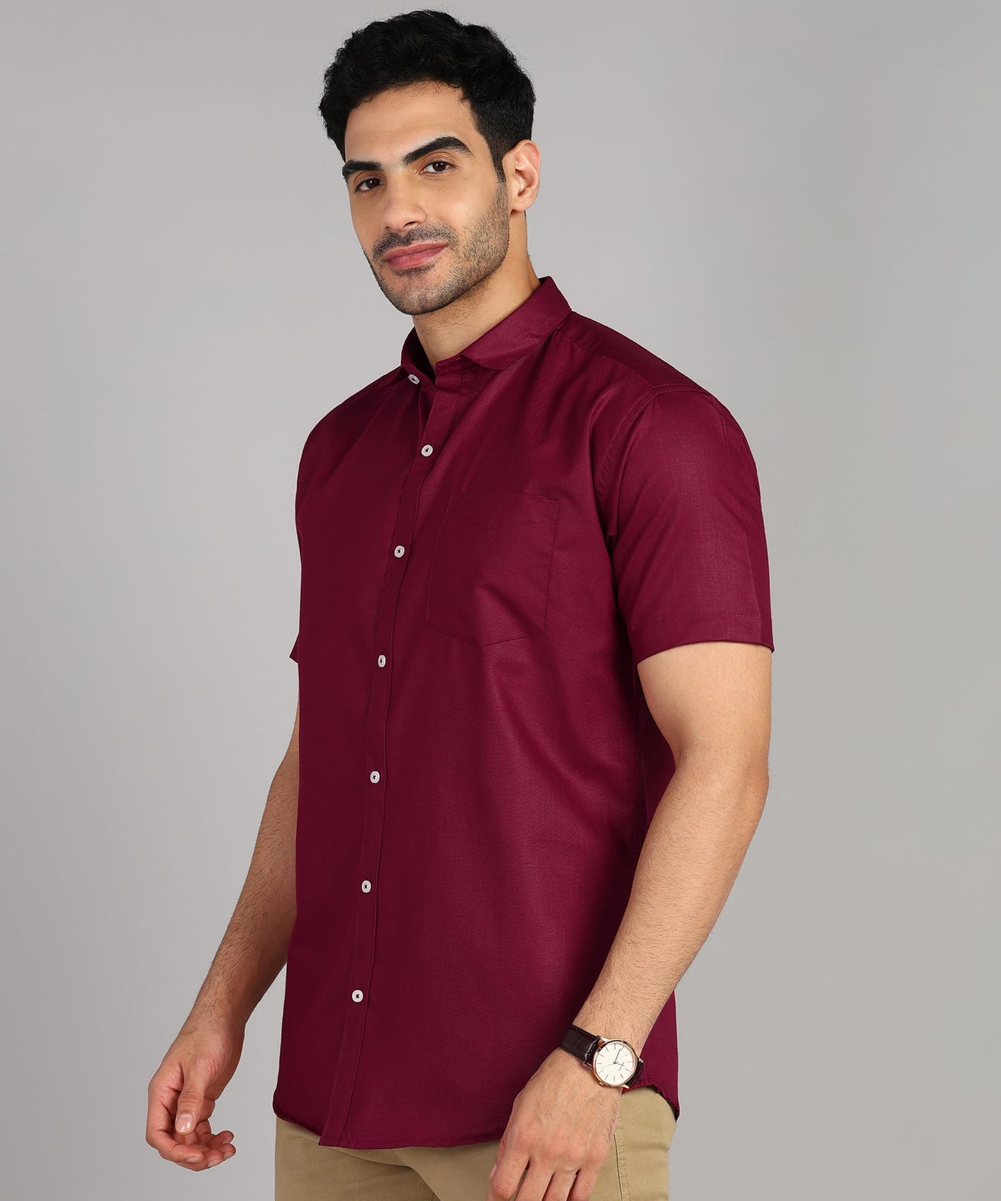 Mildin MenS Regular Cotton Blend Maroon Slim Fit Solid Button Down Spread Collar Half Sleeve Curved Hemline Formal Shirt With O
