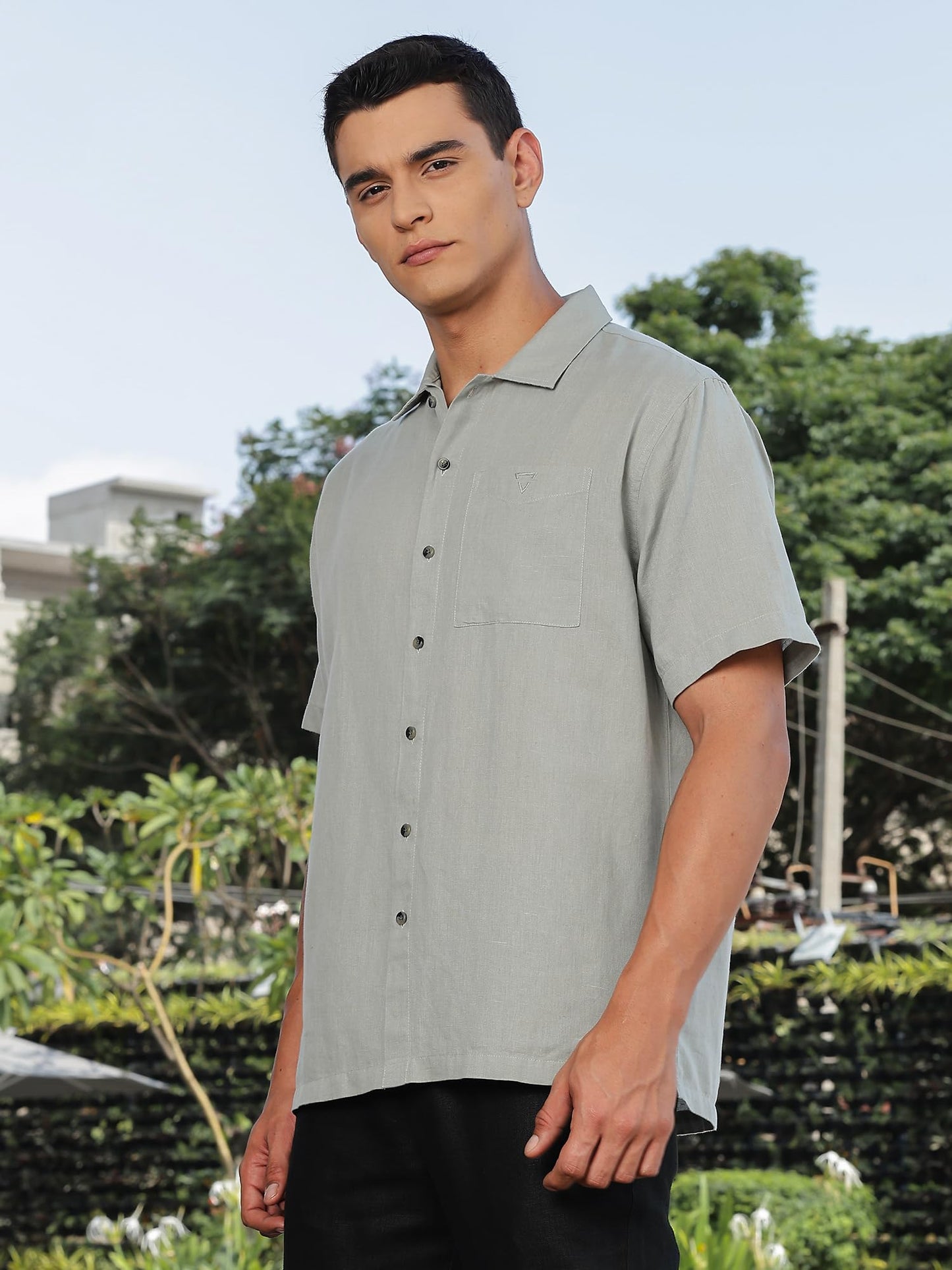 Thomas Scott Mens | Solid | Premium Irish Linen | Half Sleeve | Spread Collar | Casual | Shirt for Men Grey
