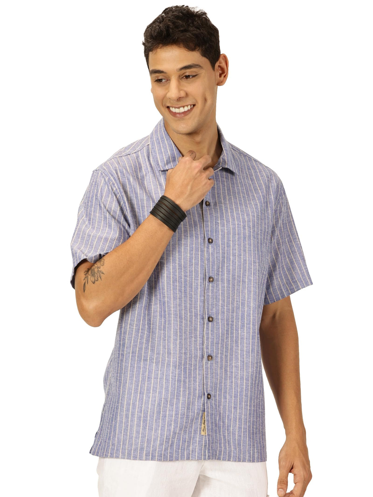 Thomas Scott Premium Linen Blend Half Sleeves Spread Collar Striped Casual Shirt for Mens Blue