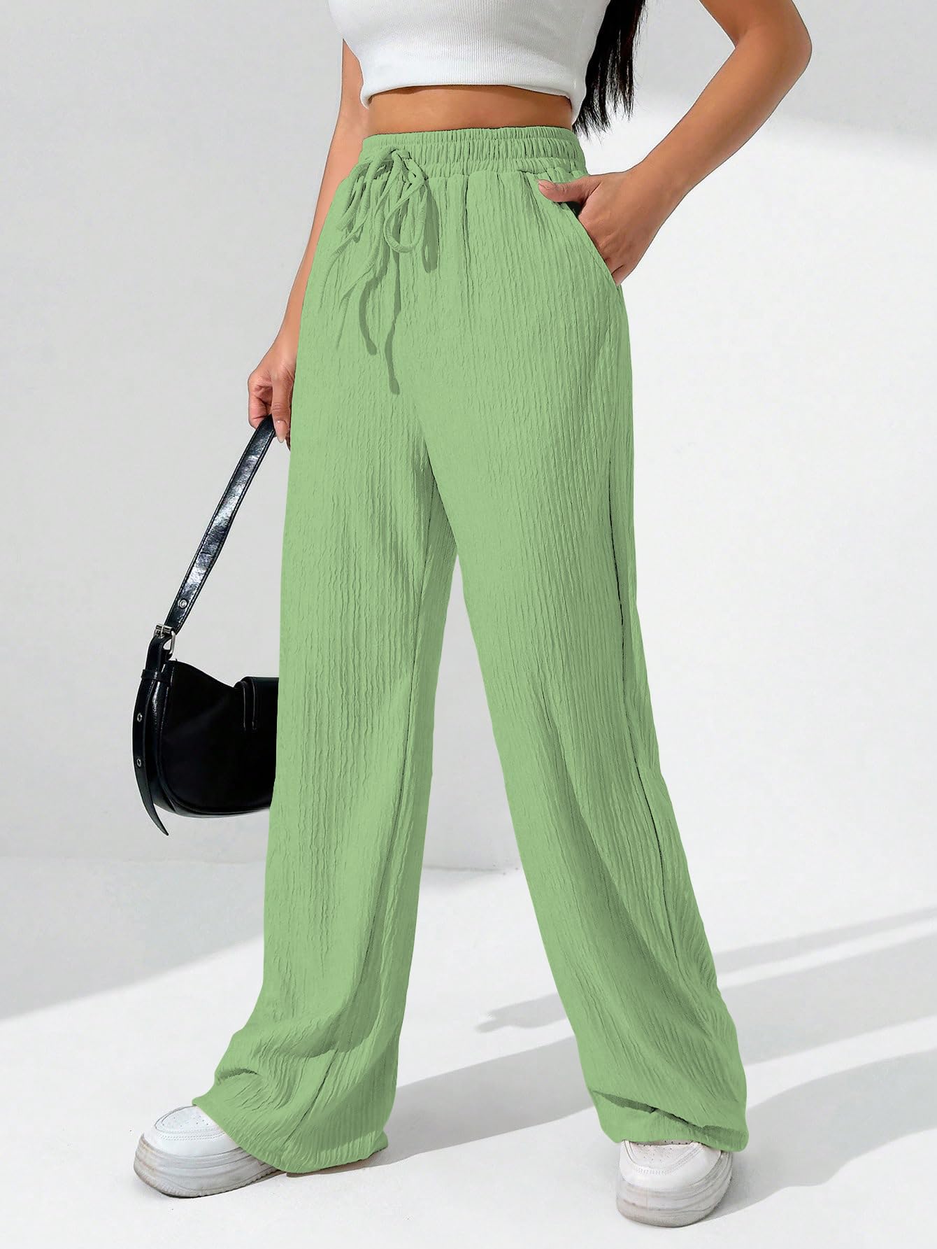Sugathari Womens Pista Green Loose Wide-Leg Pants with Textured Wrinkled Fabric and Drawstring Waist Long Trousers (Trouser 157