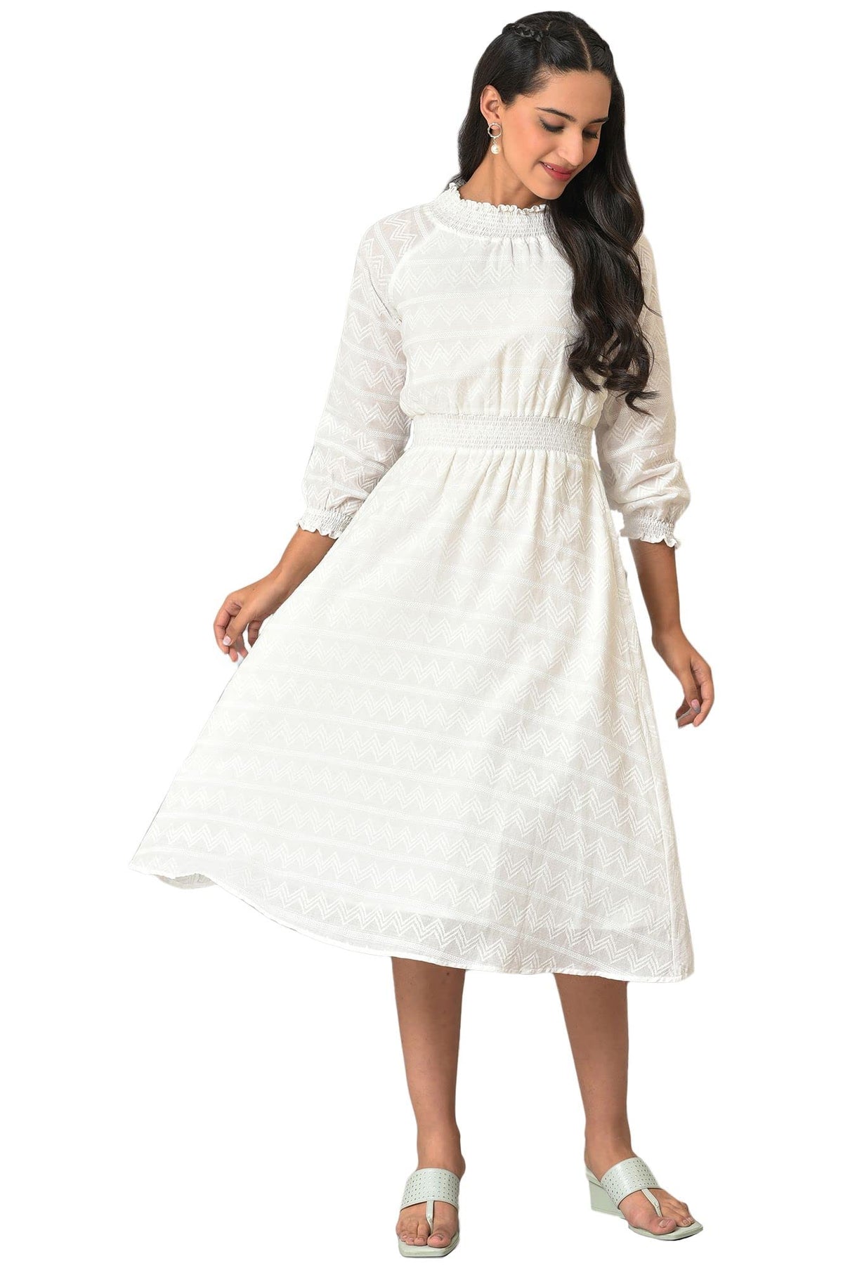 Aurelia White Chevron Cotton Midi Dress For Women