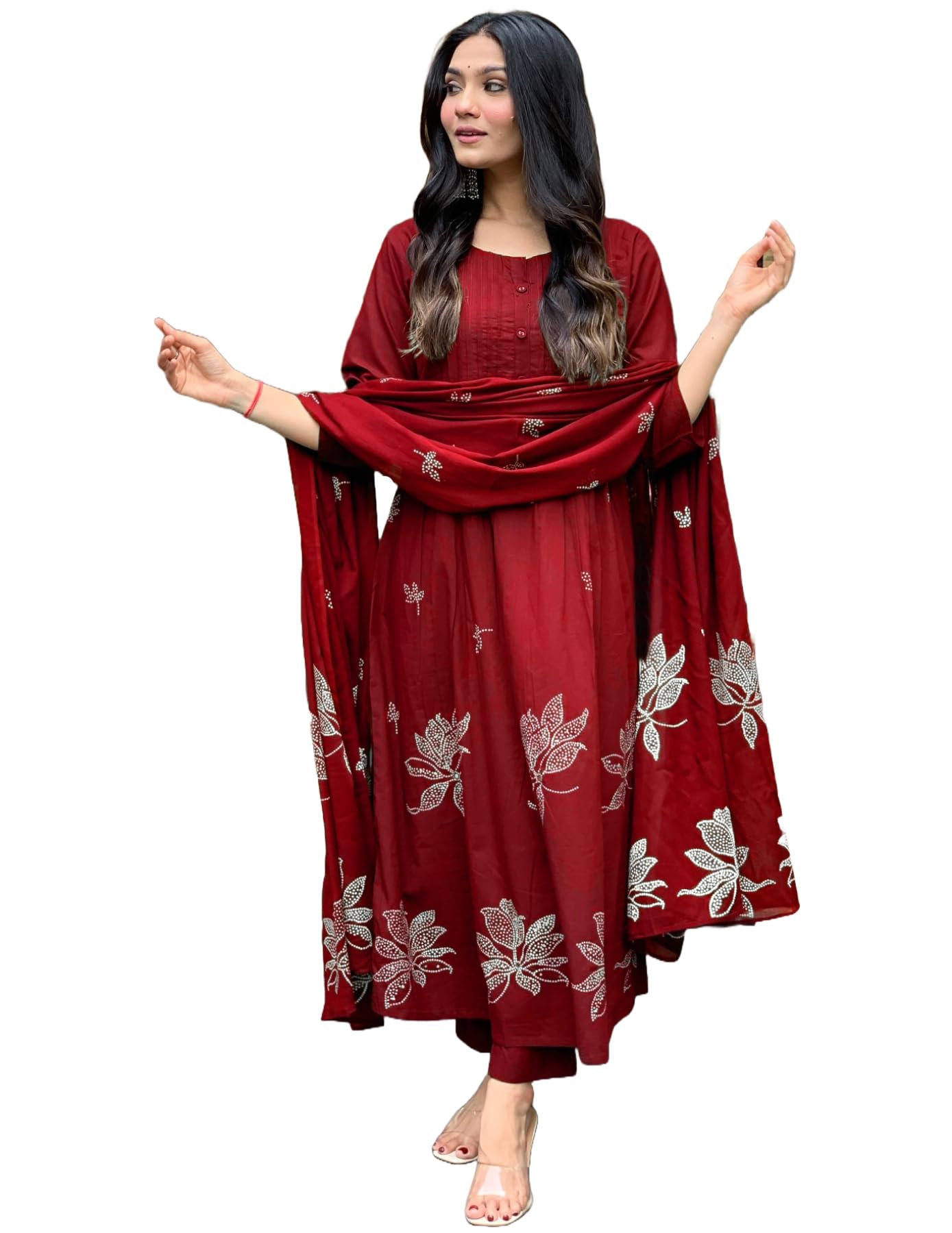 Gosriki WomenS Rayon Viscose Anarkali Printed Kurta With Pant & Dupatta (Gangori Red-Gs_Xl_Red_X-Large)