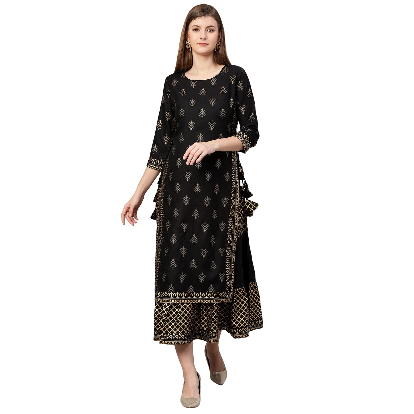 Anni Designer WomenS Cotton Blend Straight Foil Printed Kurta With Sharara (Niya Black_L Black_Large)