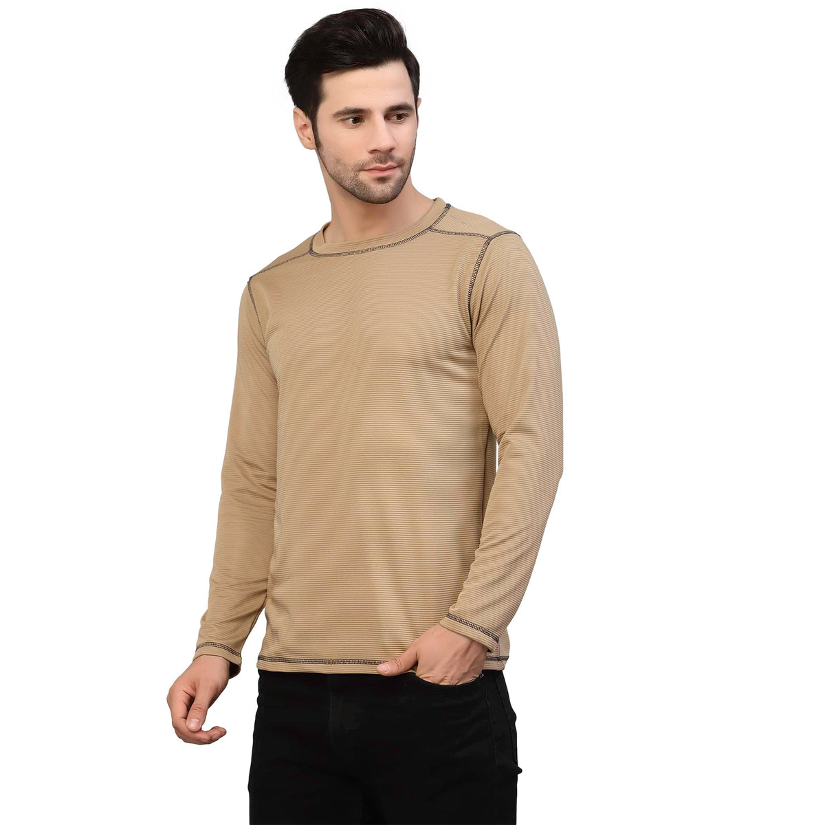 Rigo Men Beige Poly Corduroy T-Shirt