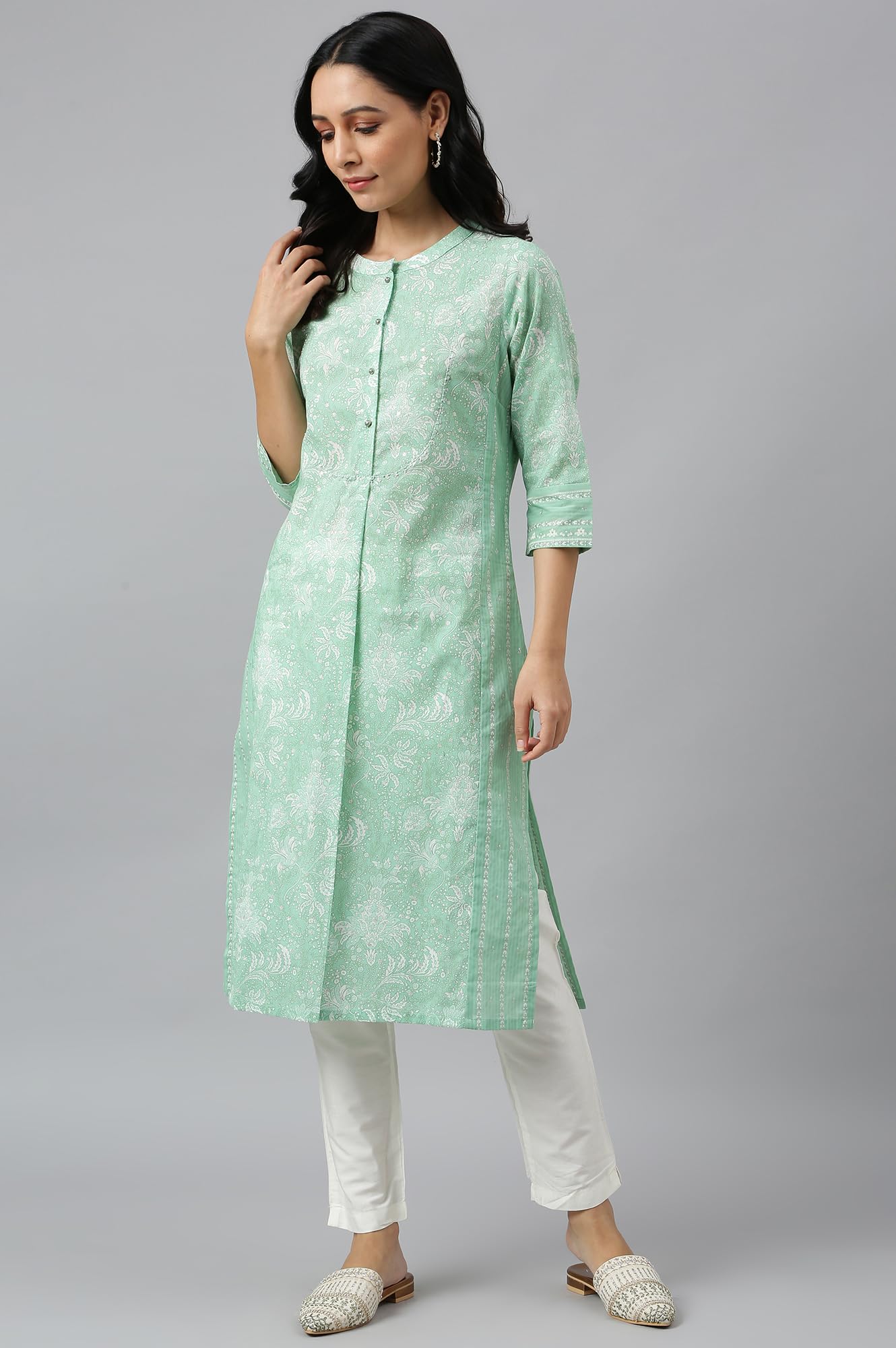 W for Woman Women Cotton Floral Printed Button Down Regular Kurta