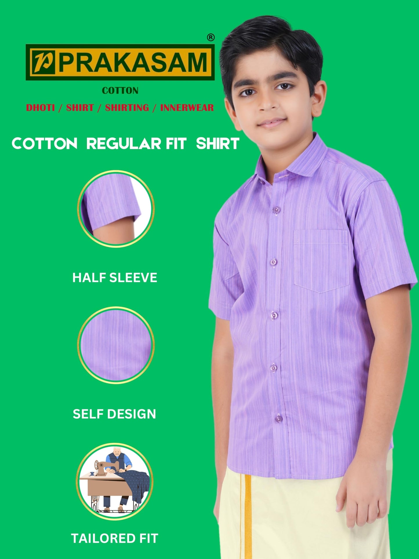 Boys Cotton Half Sleeve Self Design Shirt With Stitched Art Silk Dhoti For Boys (Madriyad-Purple)