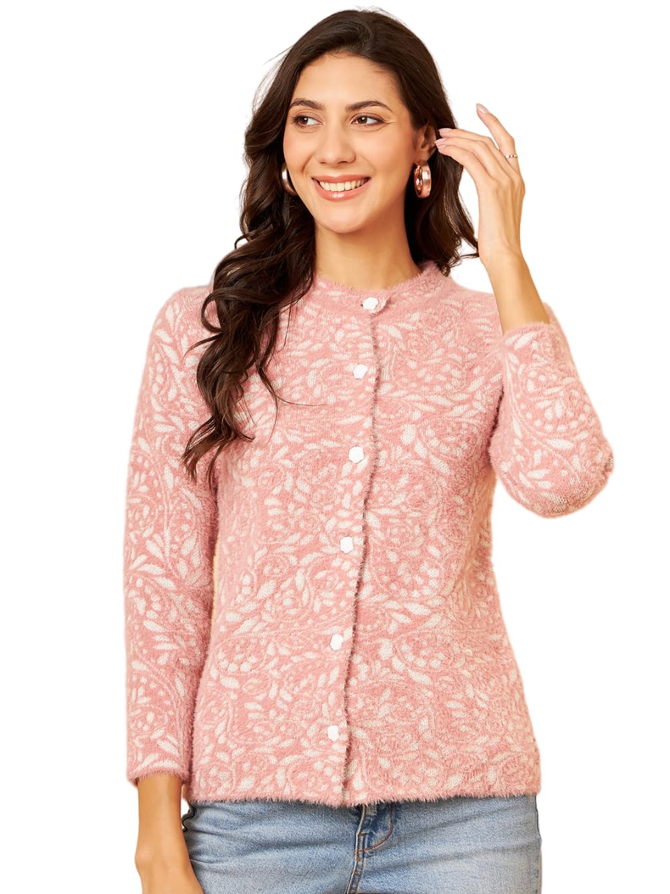 Modeve Women Pink Floral Print Round Neck Sweater For Winter||Winterwear||