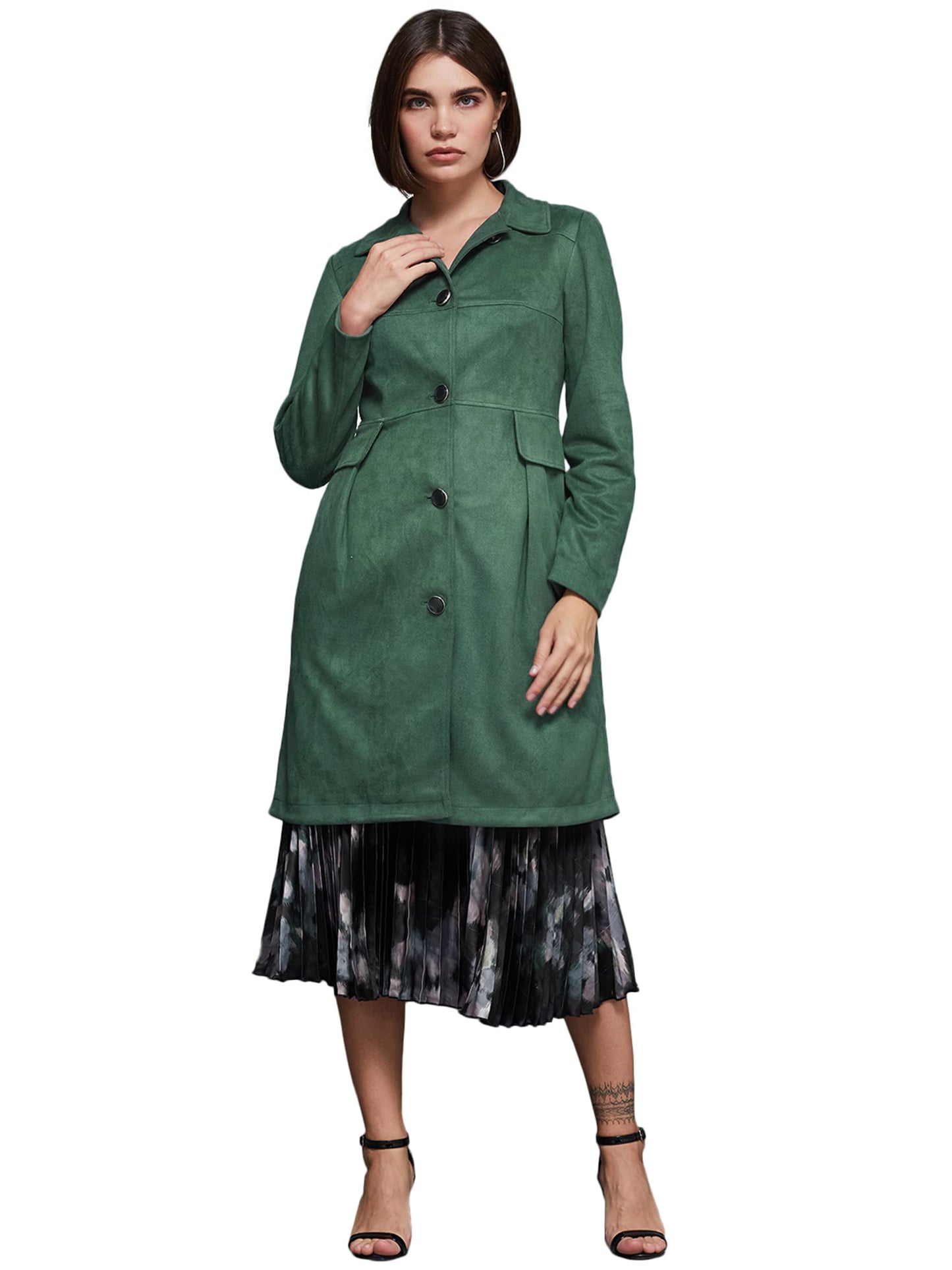 Miss Chase Womens Dark Sage Shirt Collar Full-Sleeve Solid Knee-Long Polyester Jacket (MCAW22JKT03-53-290-06, Dark Sage, XL)