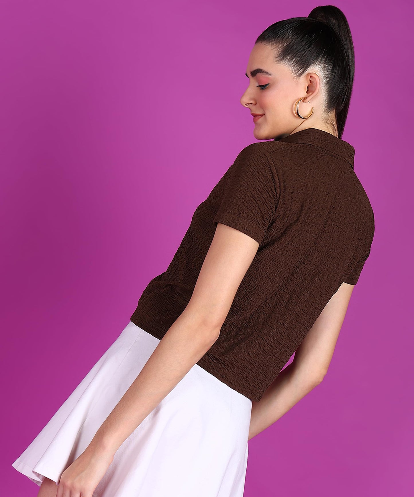POPWINGS Women Casual Brown Rimjhim Solid Shirt