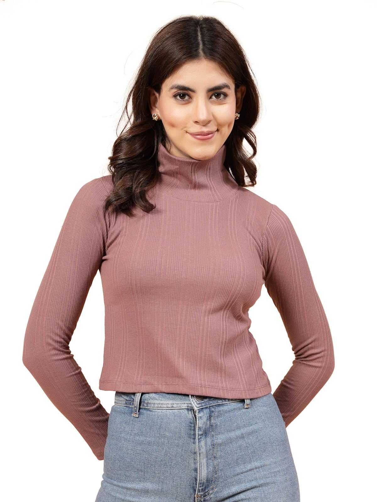 Rigo Cotton Ribbed Full Sleeves Top for Women | High Neck, Stylish Top for Women