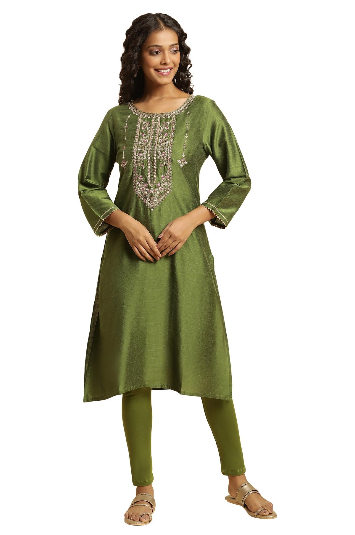 W For Woman Green Embroidered Blend Straight Long Kurta With Zari