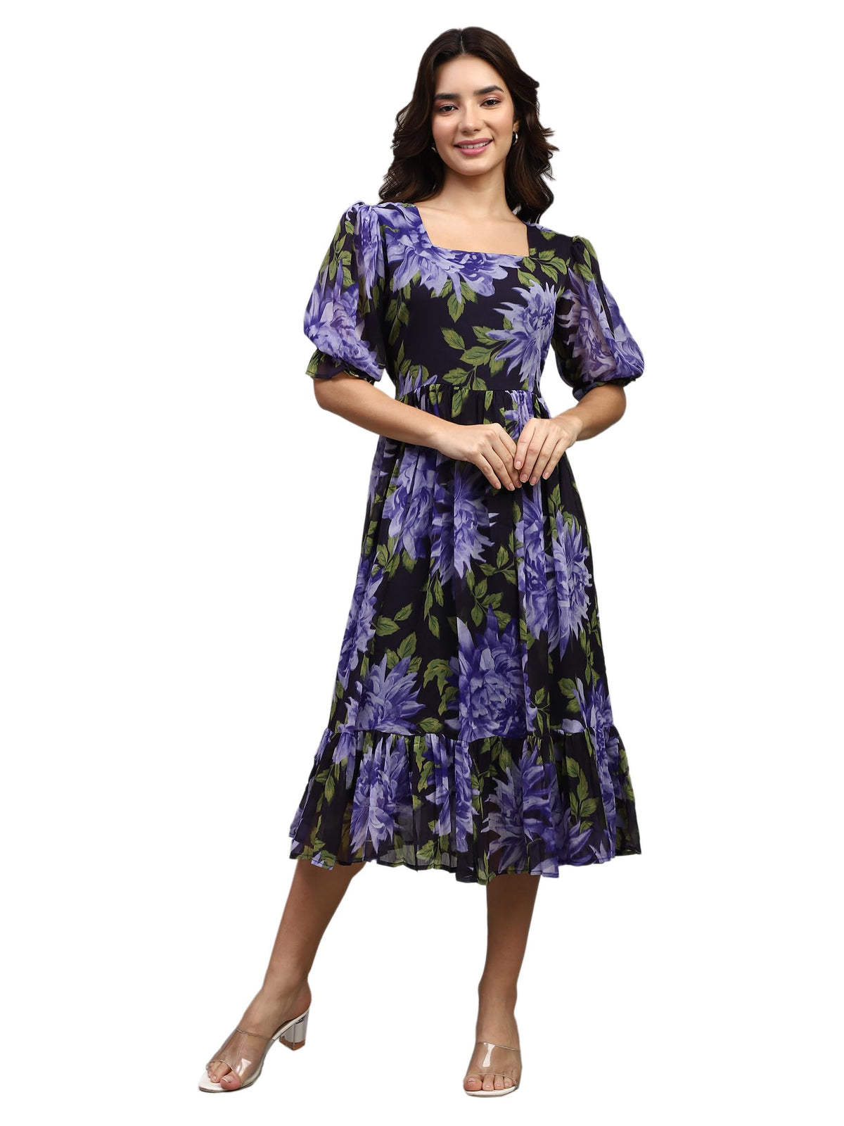 Shasmi Girls & Womens Chiffon Printed Midi Dress, Square Neck, Puff Sleeves, Navy Blue Floral Pattern, A-Line Summer Casual Dr