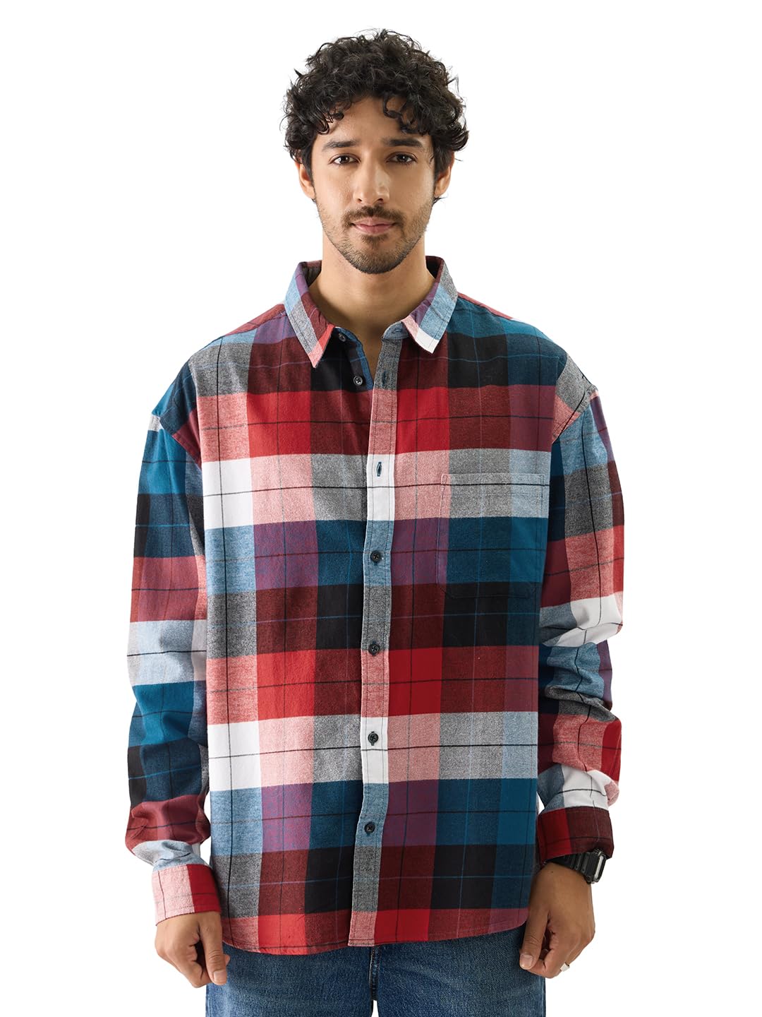 The Souled Store Plaid: Black/Blue/Red Checks Long Sleeve Collared Neck Button Down Cotton Relaxed Fit Shirts for Men and Boys -