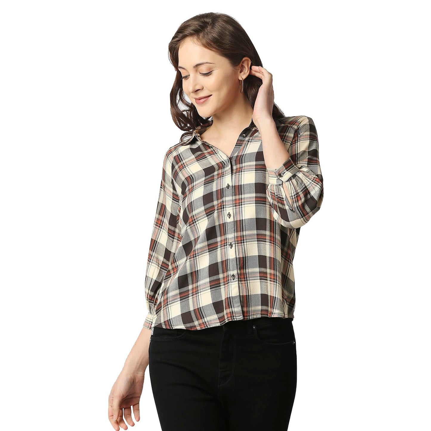 Pepe Jeans Solid Viscose Collar Neck Womens Casual Shirt (Brown, Small)