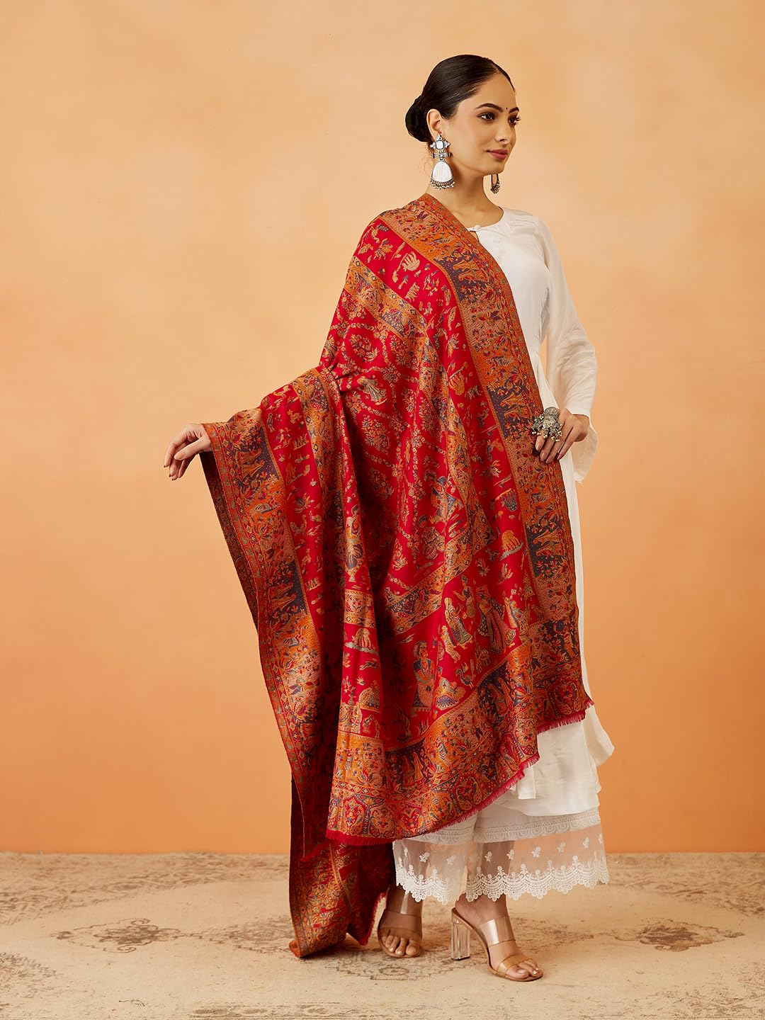 Pashmoda Women Gulbahar Kaani Wool Blend Kashmiri Shawl, Stole, Scarf, Luxury Pashmina Evening Wrap (Size: 101 X 203 CM)