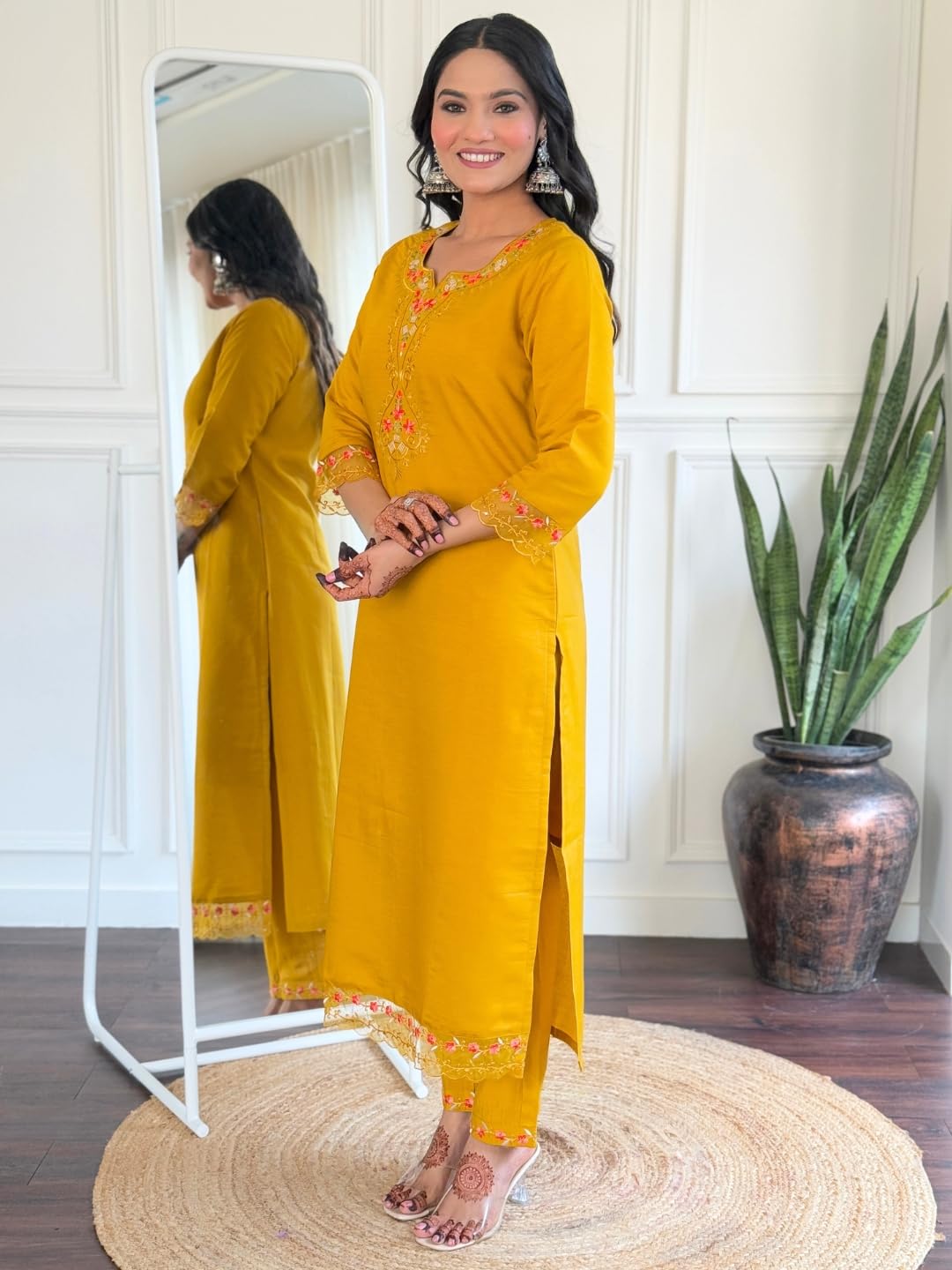 Naixa WomenS Mustard Roman Silk Embroidered Straight Kurta With Roman Silk Pant And Organza Jacquard Dupatta Sets (Nx-M-Yashvi-