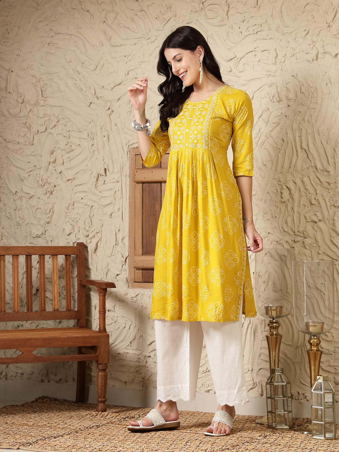 Stylum Women's Bandhani Printed & Embroidered Rayon Naira Cut Kurta (MUSTARDMARIO_Mustard)