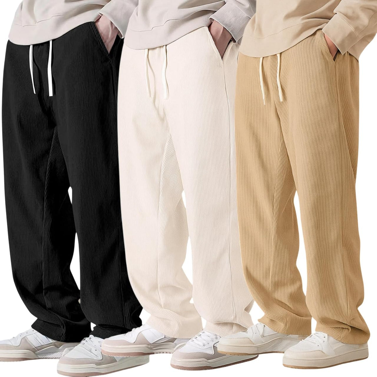 Preneum Men Mid Rise Poly Cotton Loose Fit Trouser || Korean Style Travel & Lounge Wear with Pockets||Black & Off White & Beige|