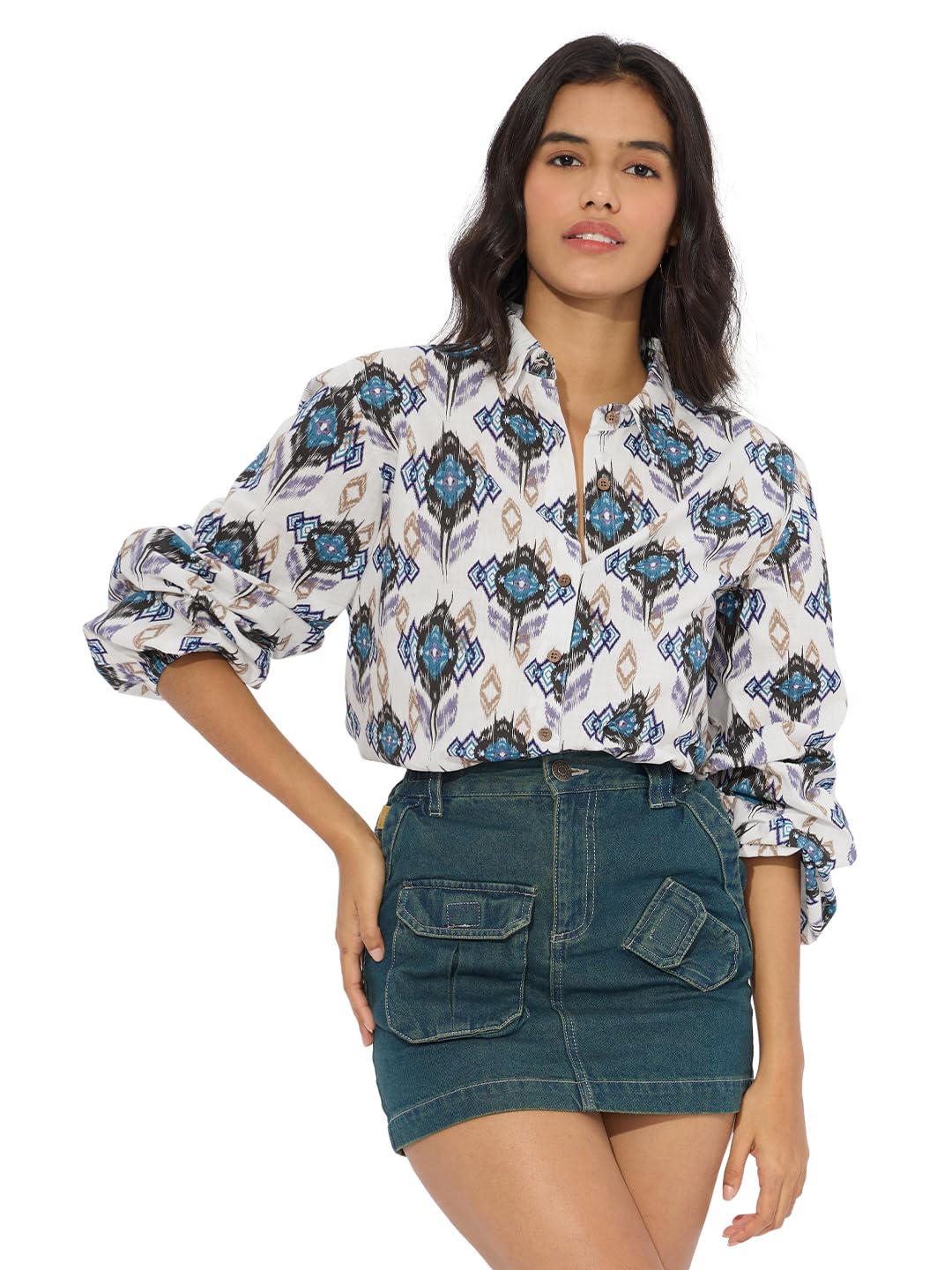 The Souled Store Ikat Twist Women and Girls Long Sleeves Collared Neck Button Front Multicolor All Over Printed Cotton Boyfriend