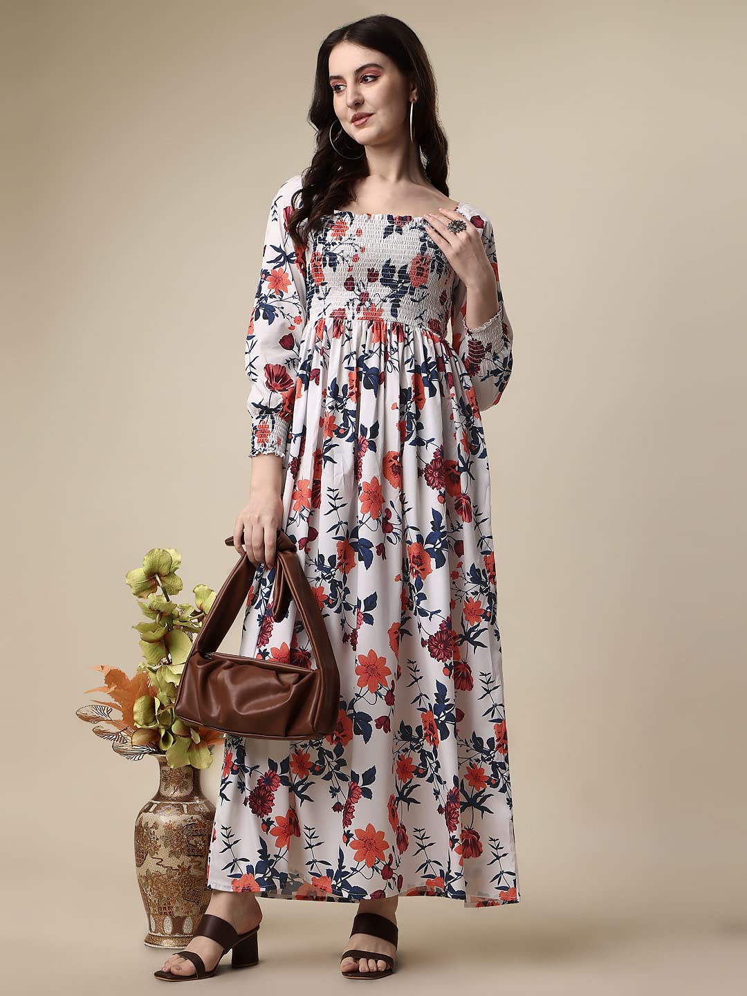 Sheetal Associates WomenS Floral Printed Crepe Full Length Dress White
