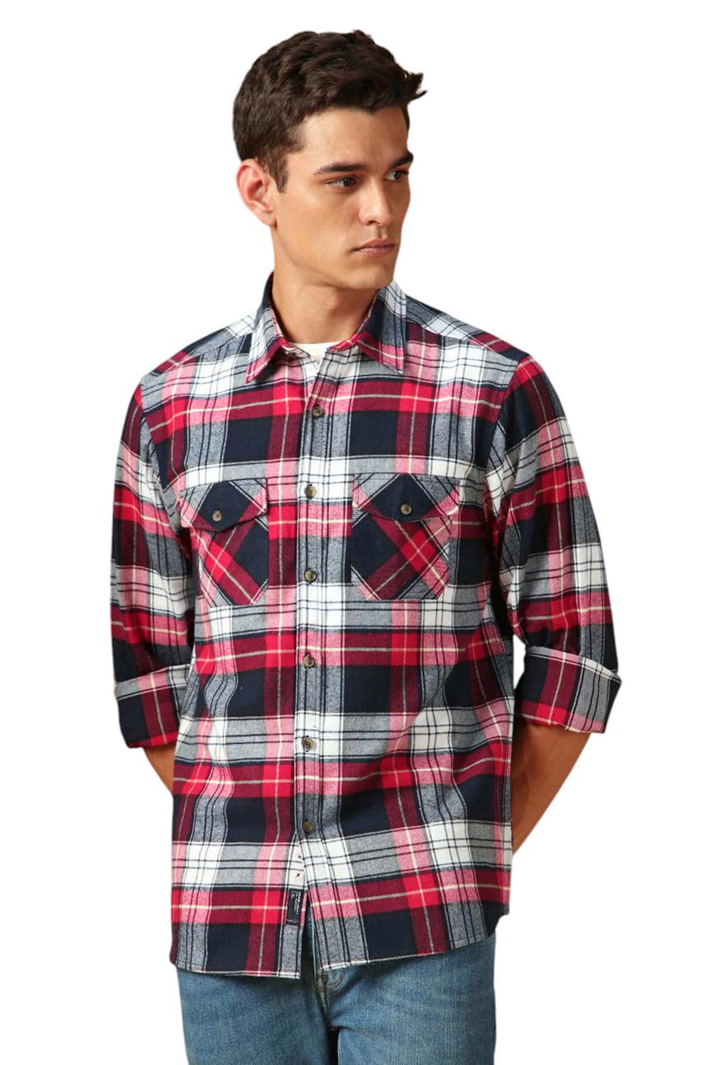 Dennis Lingo Men Flannel Check 100% Cotton Relaxed Fit Full Sleeves Shirt For Men. Navy Blue