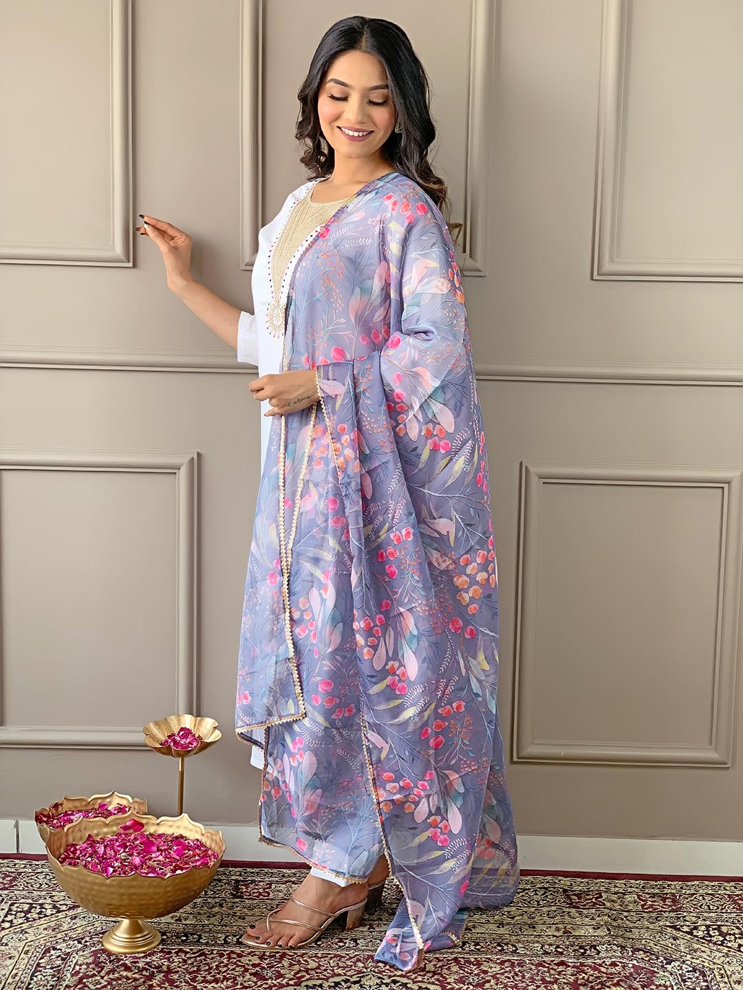 Naixa WomenS Offwhite Rayon Blend Embroidered A-Line Kurta With Rayon Blend Pant And Organza Printed Dupatta Sets (Nx-503-Grey-