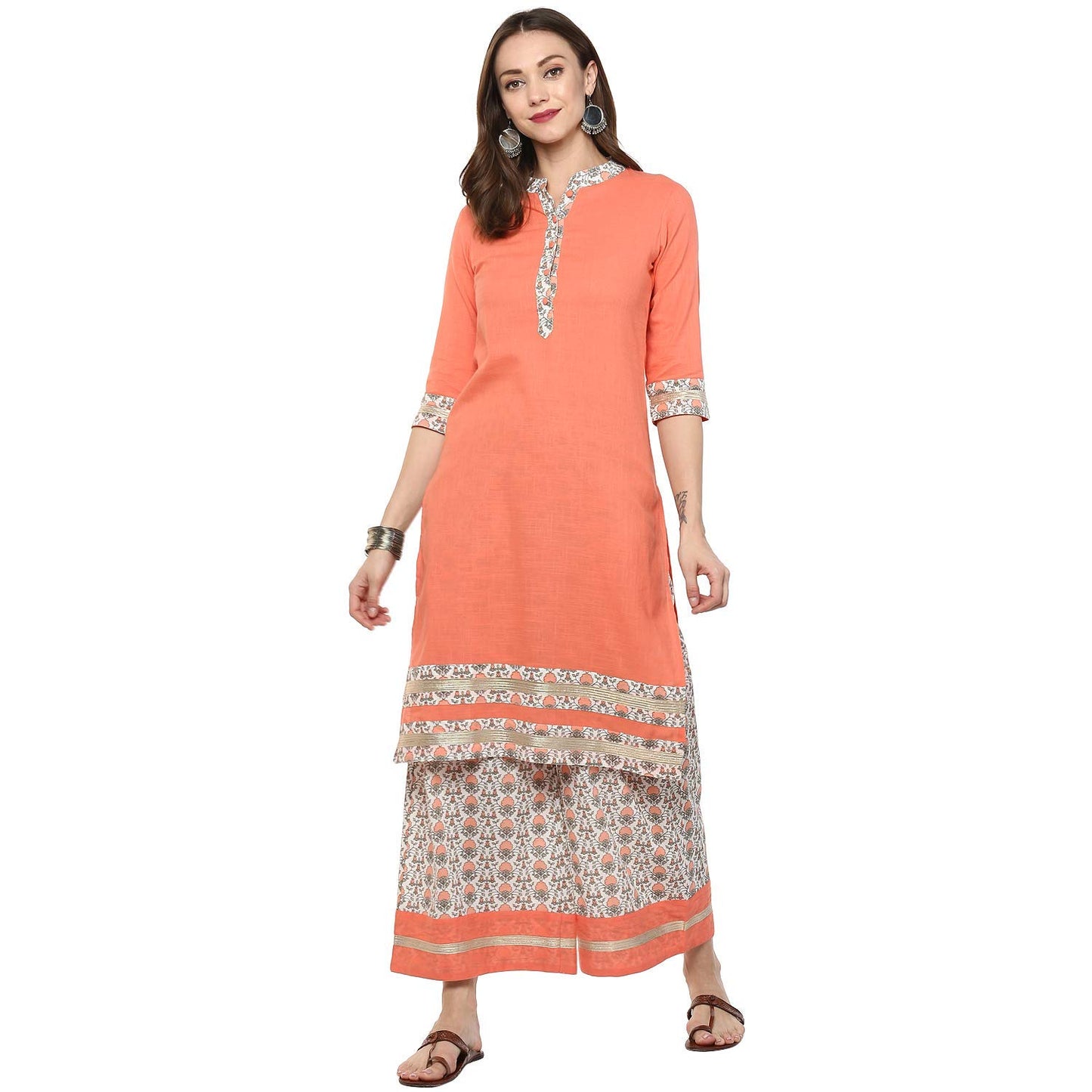 Idalia Women's Peach Cotton Kurta With Printed Palazzo Pants